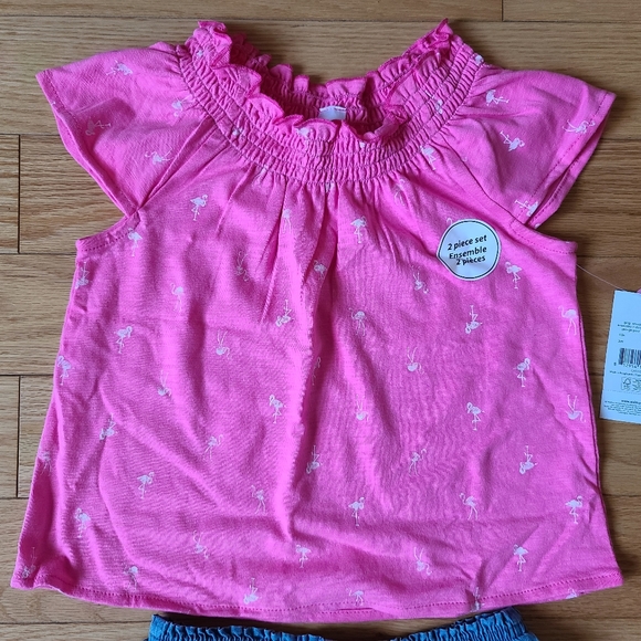George 2 PC Set Pink Short Sleeve Shirt w/ Flamingoes and Denim Blue Sho… - Picture 2 of 6